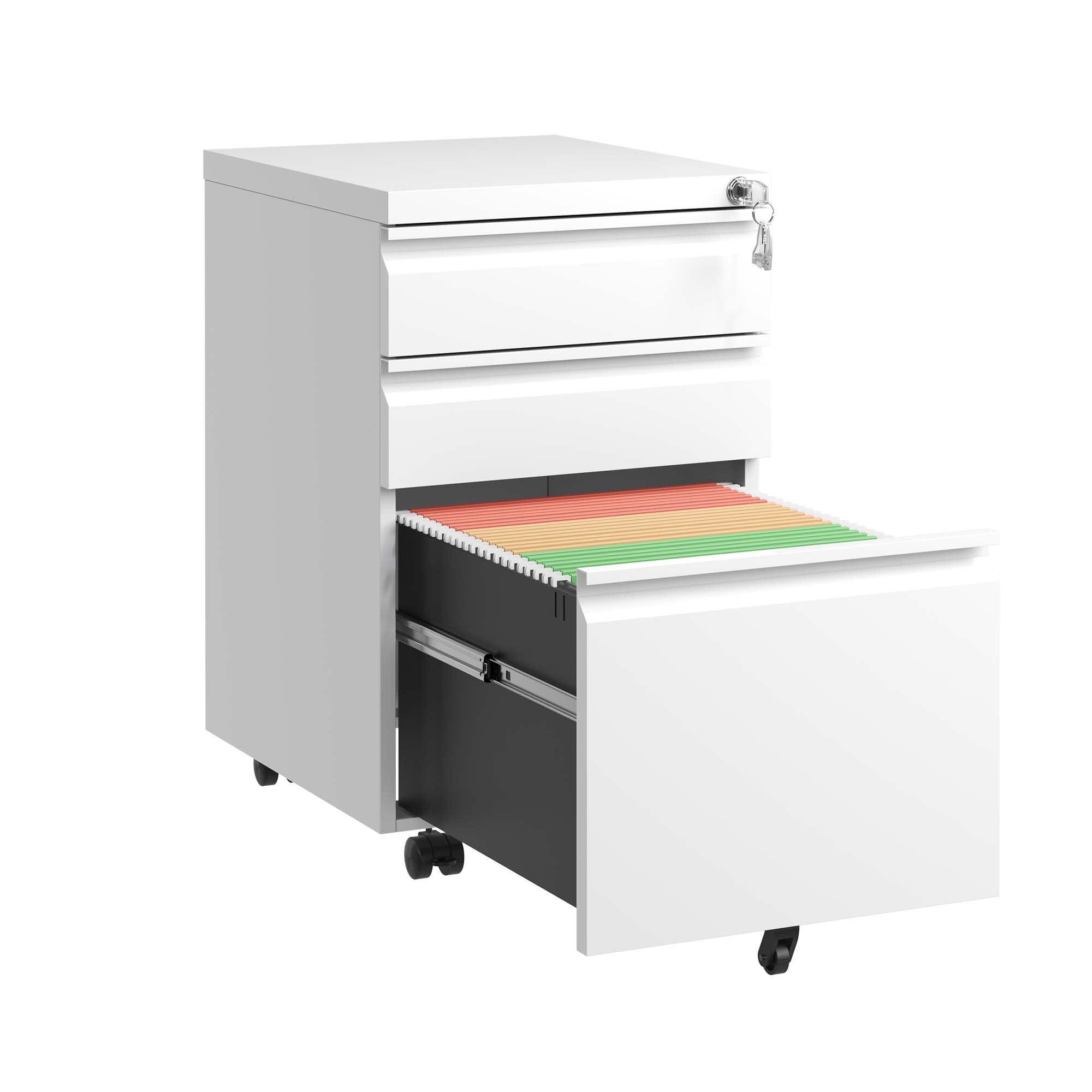 White Mobile 3-Drawer File Cabinet with Lock, Metal Organizer for Home Office, Fully Assembled