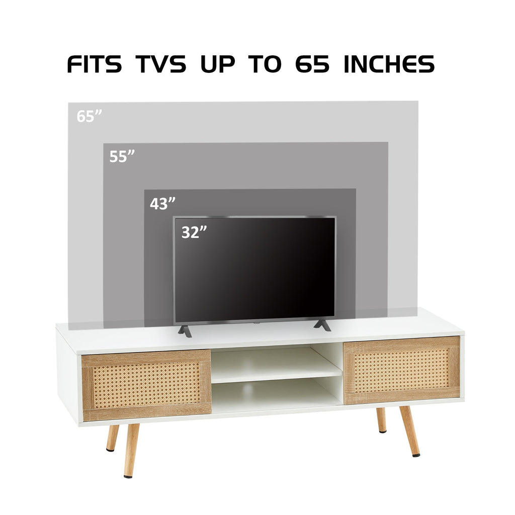 Modern Rattan TV Cabinet with Double Sliding Doors, Adjustable Shelf, Solid Wood Legs, White, 55.12 inches