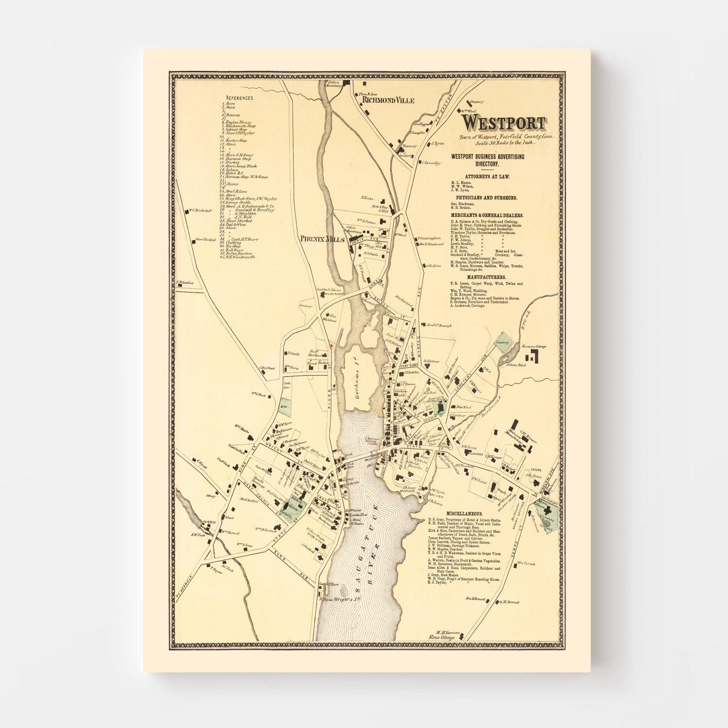 Vintage Map of Westport, Connecticut 1867