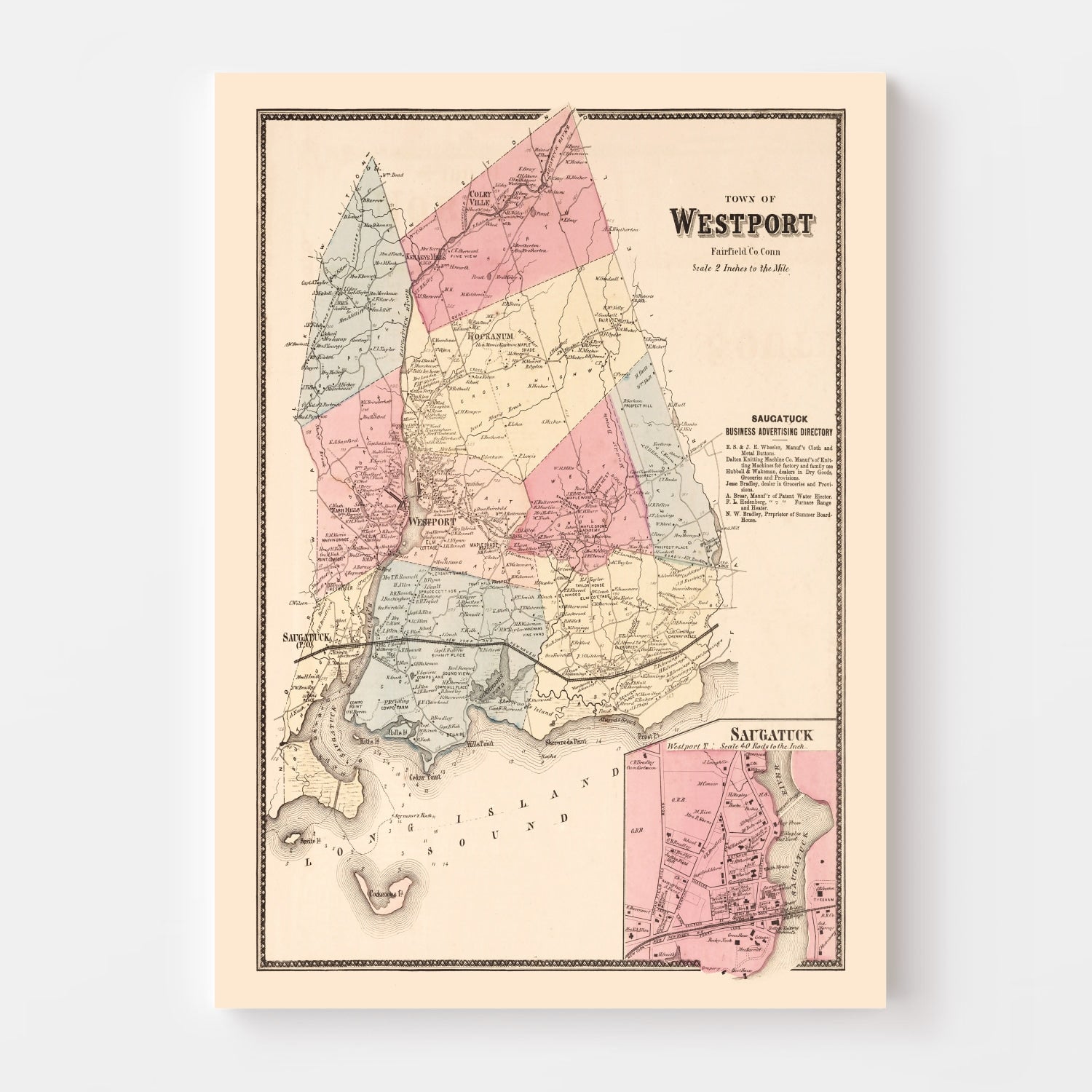 Vintage Map of Saugatuck, Connecticut 1867