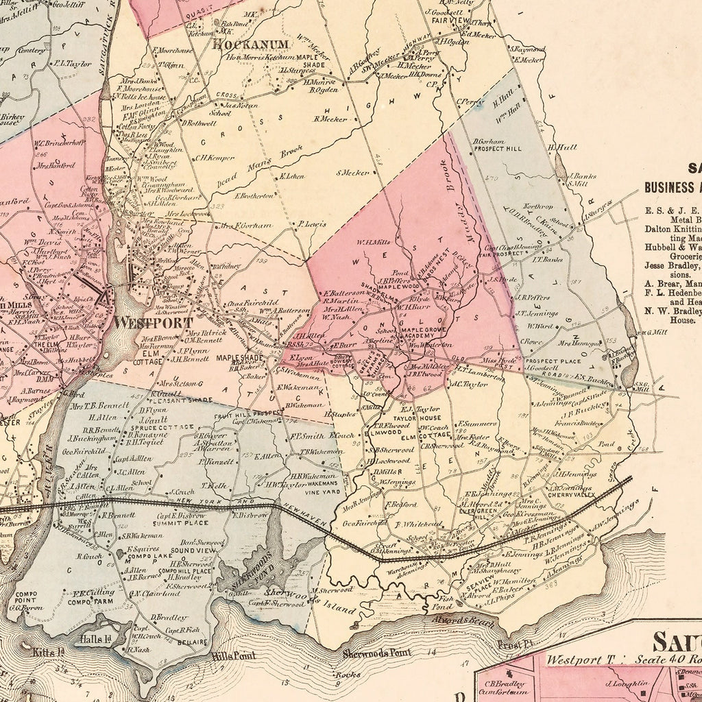 Vintage Map of Saugatuck, Connecticut 1867