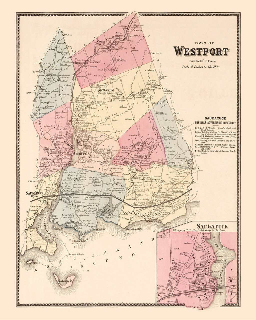 Vintage Map of Saugatuck, Connecticut 1867