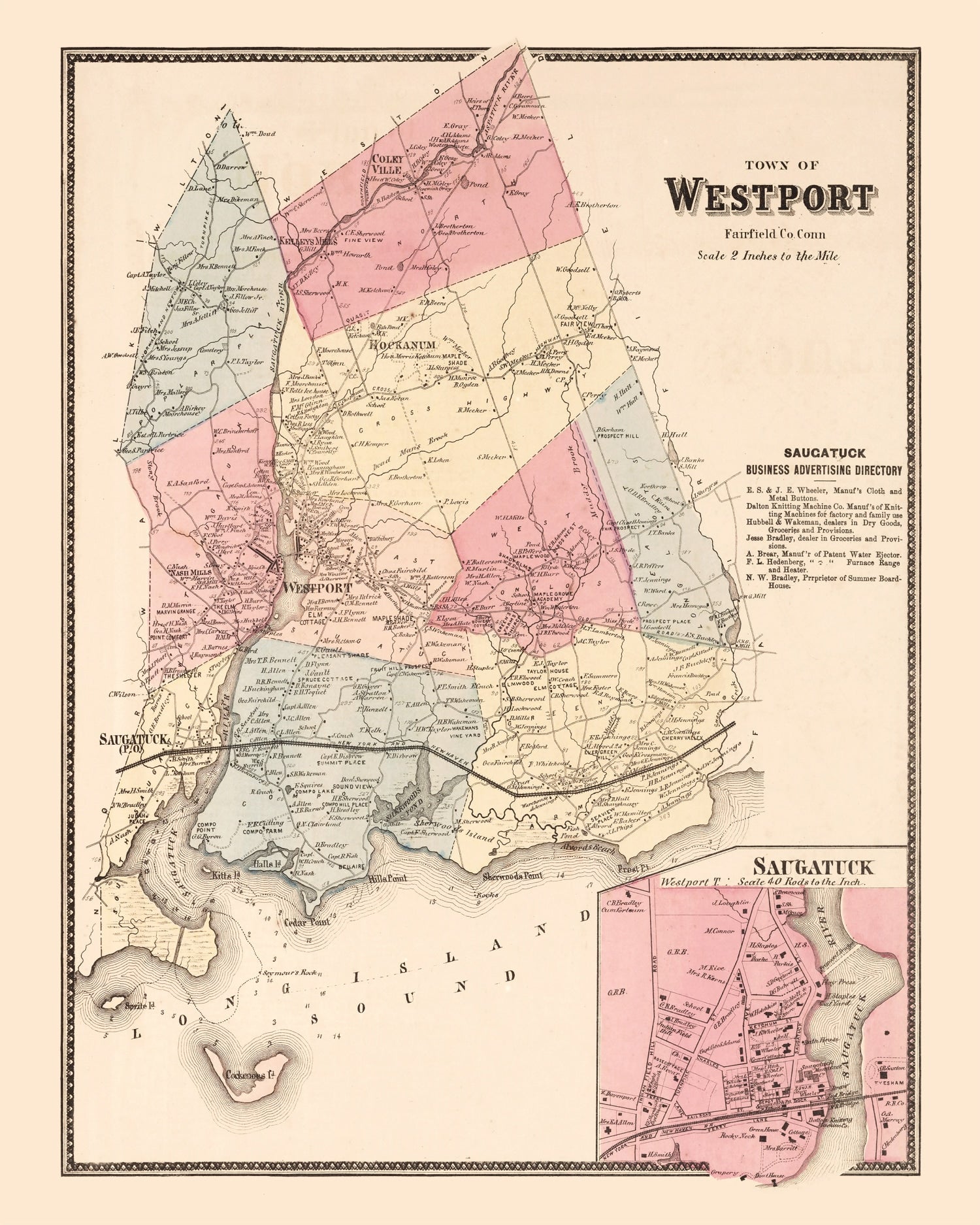 Vintage Map of Saugatuck, Connecticut 1867