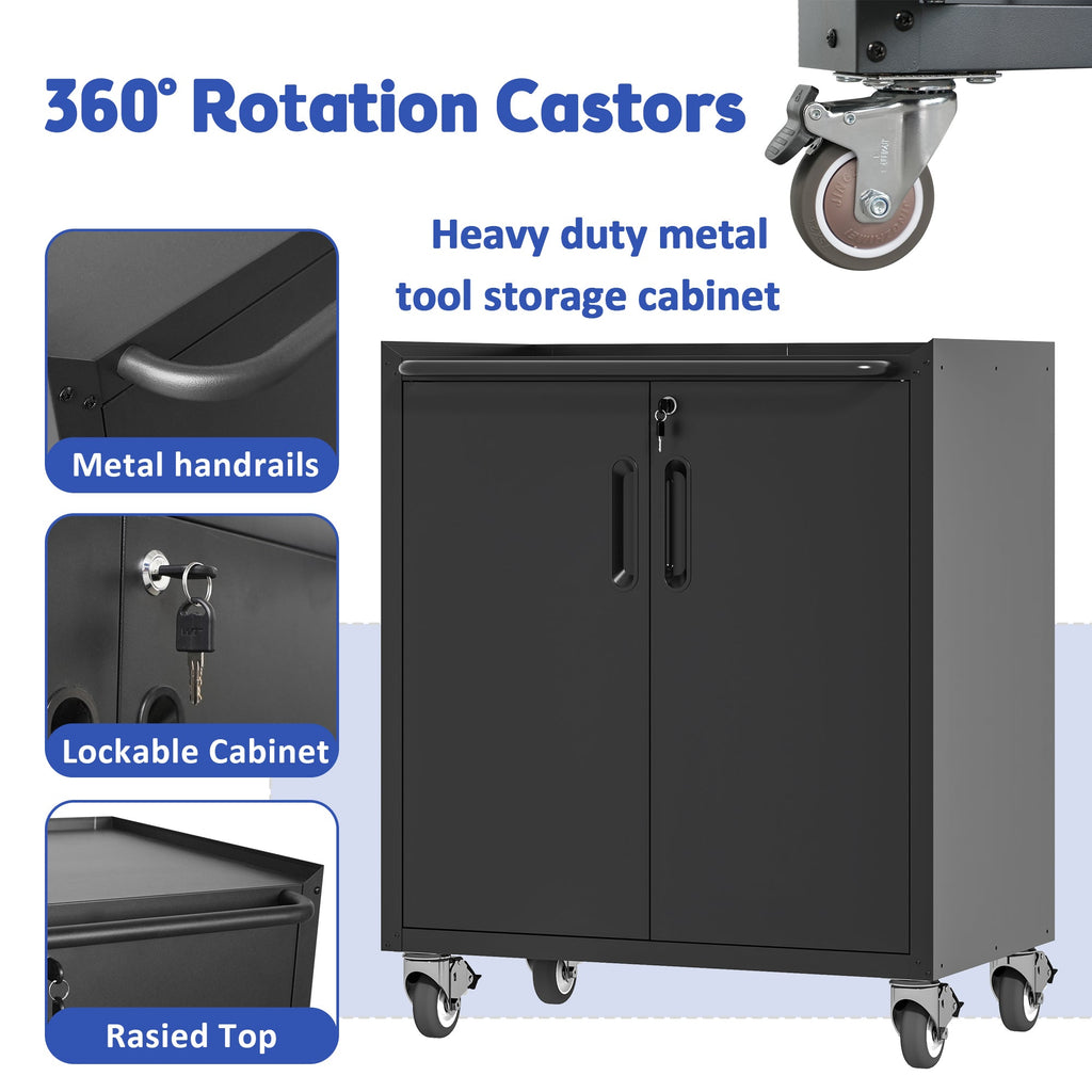 Heavy-Duty Metal Garage Storage Cabinet with Wheels - Sturdy Tool Storage Solution in Black Steel, 29.53x17.72x34.65 inches