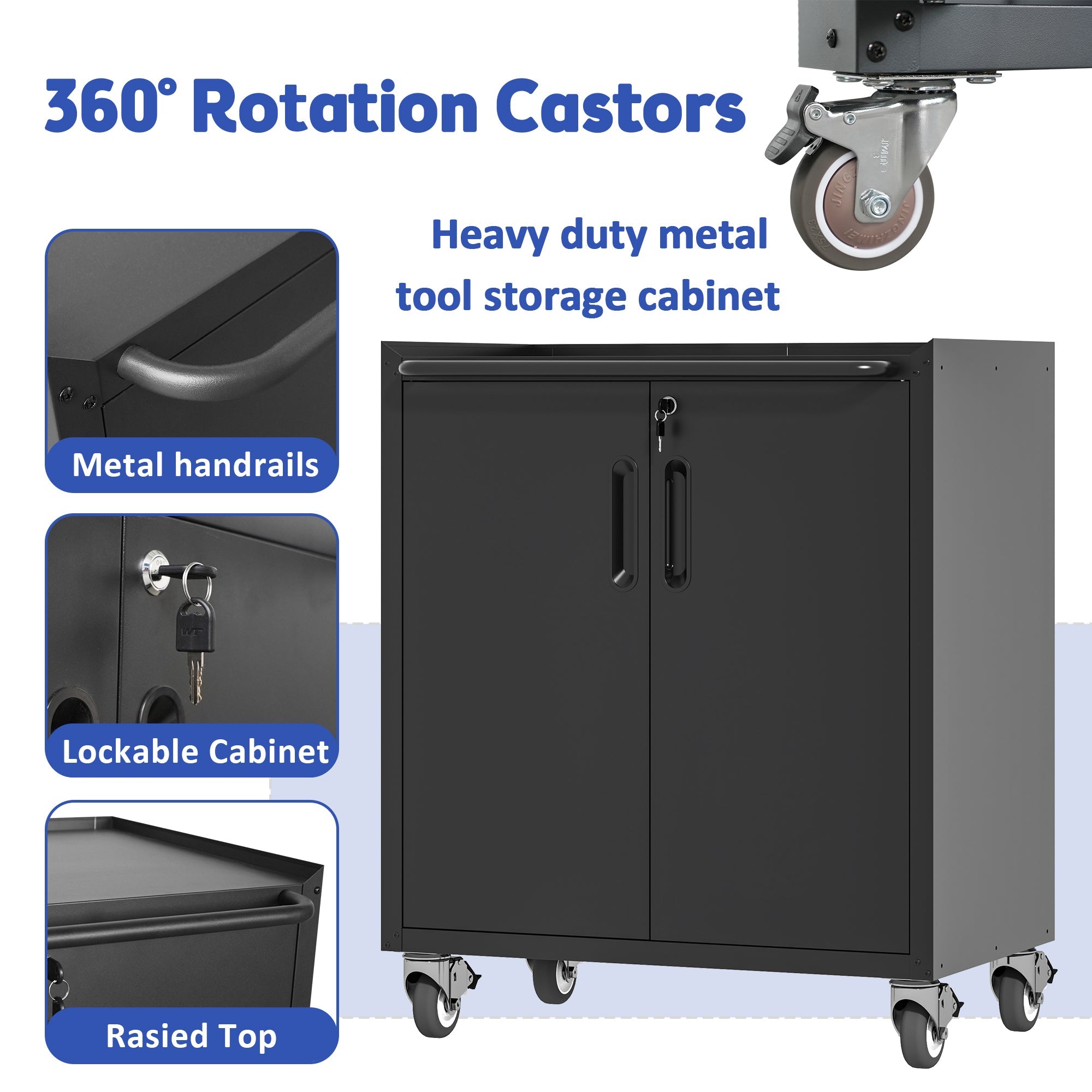 Heavy-Duty Metal Garage Storage Cabinet with Wheels - Sturdy Tool Storage Solution in Black Steel, 29.53x17.72x34.65 inches