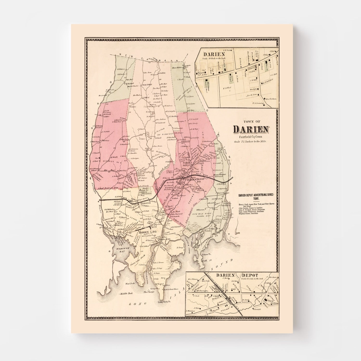 Vintage Map of Darien, Connecticut 1867