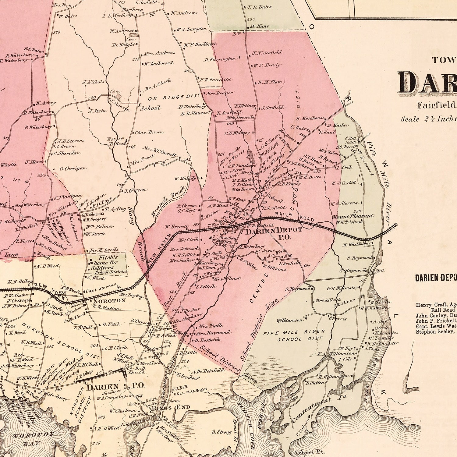 Vintage Map of Darien, Connecticut 1867