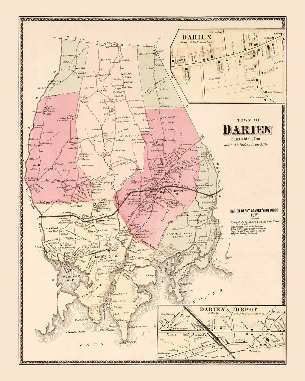 Vintage Map of Darien, Connecticut 1867
