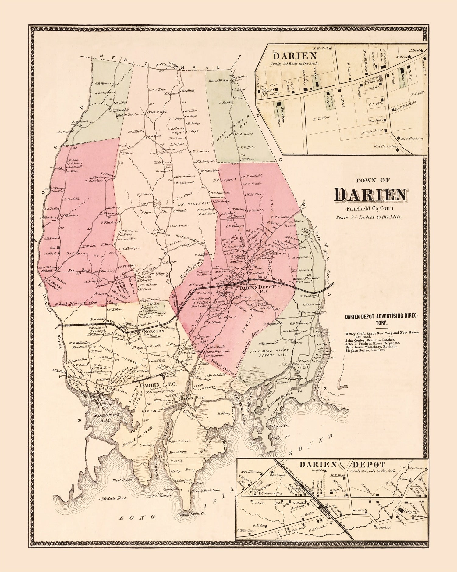 Vintage Map of Darien, Connecticut 1867