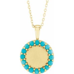 14K Yellow Gold Natural Turquoise Engravable Halo-Style 16-18" Necklace