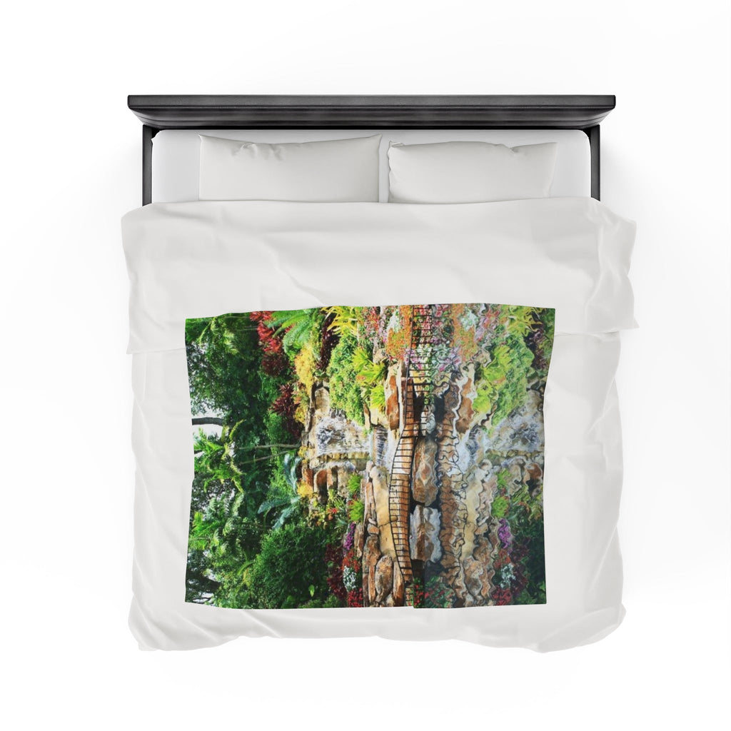 Tropical Waterfall with Reflection Velveteen Plush Blanket