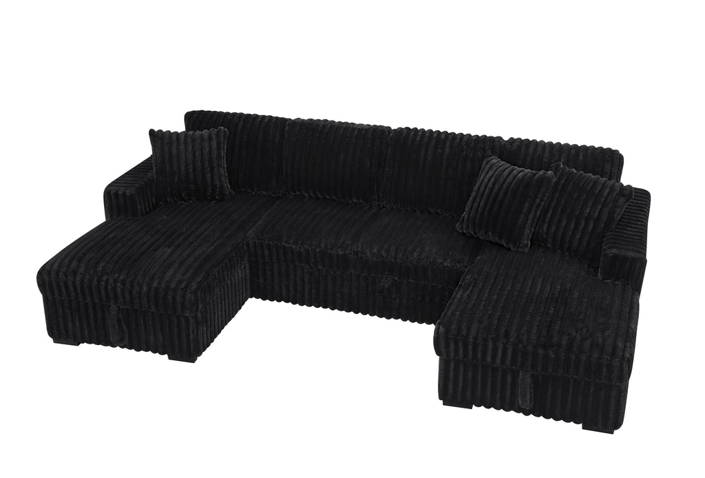 U Shaped Sleeper Sofa, 122 inch Overisze - 2 in 1 Pull Out Bed, Sectional Sleeper Sofa with Double Storage Chaise for Living Room, Rabbit plush Corduroy Fabric Couch, Black