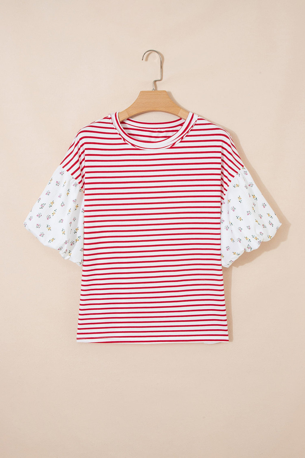 Floral Stripe Patchwork Puff Sleeve Round Neck Top