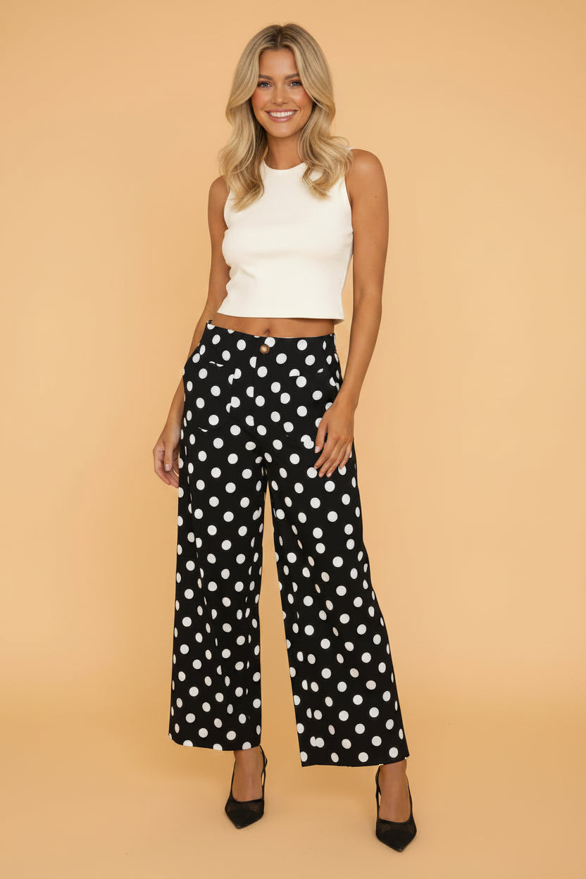 Polka Dot Patch Pocket Straight Leg Pants