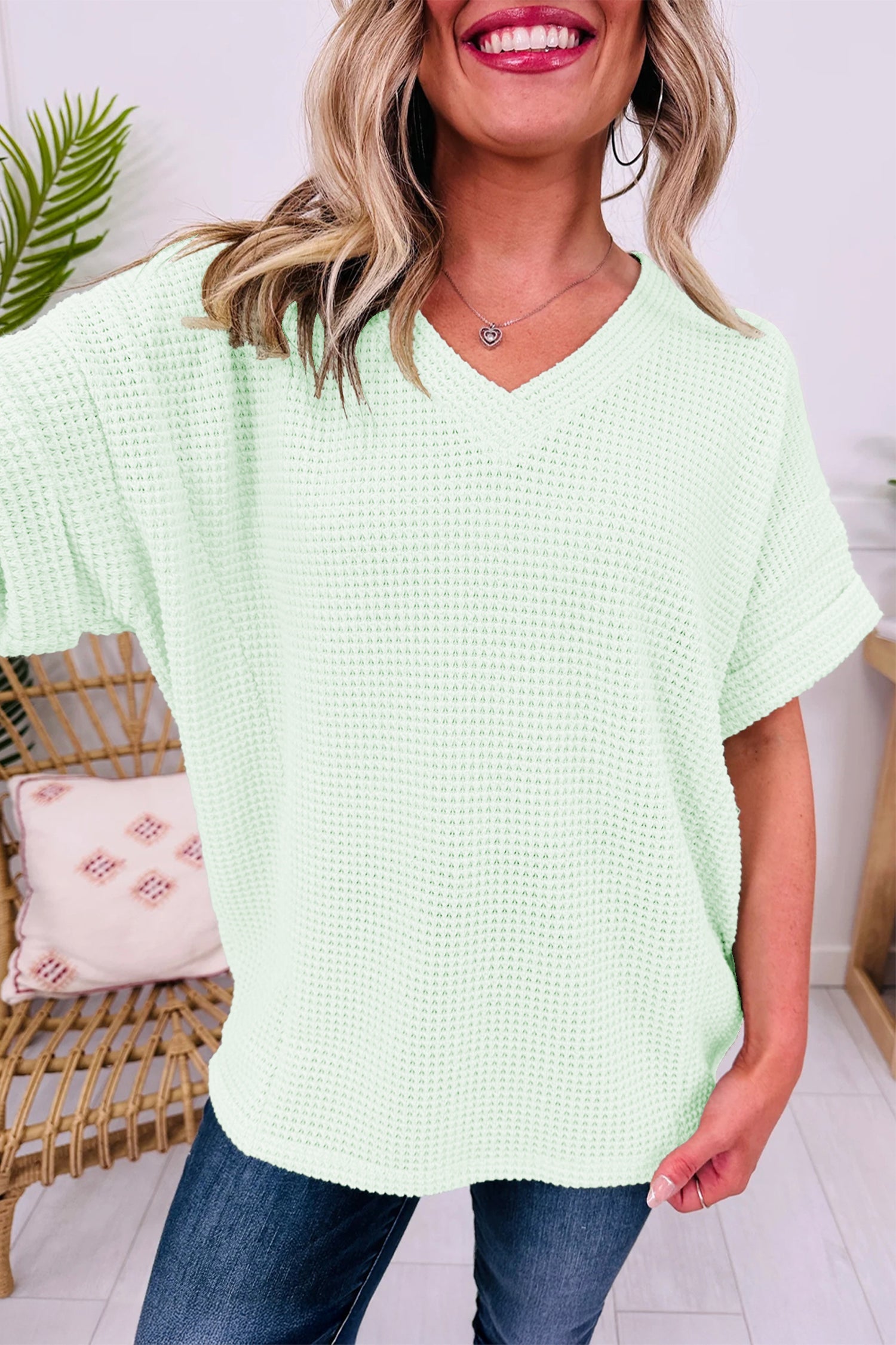 Solid Waffle Knit V-Neck Short Sleeve Top