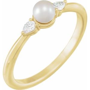 14K Yellow Gold Cultured White Akoya Pearl & 1/10 CTW Natural Diamond Ring