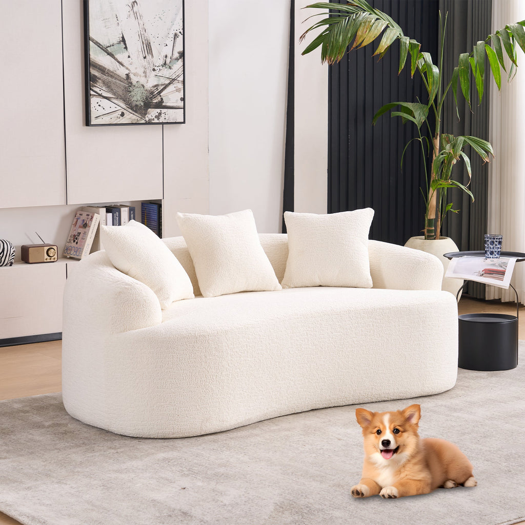 LY-025S Loveseat Sofa with Wood Grain Chenille Fabric, Cloud White High-Density Sponge Couch, Compact Design for Small Spaces