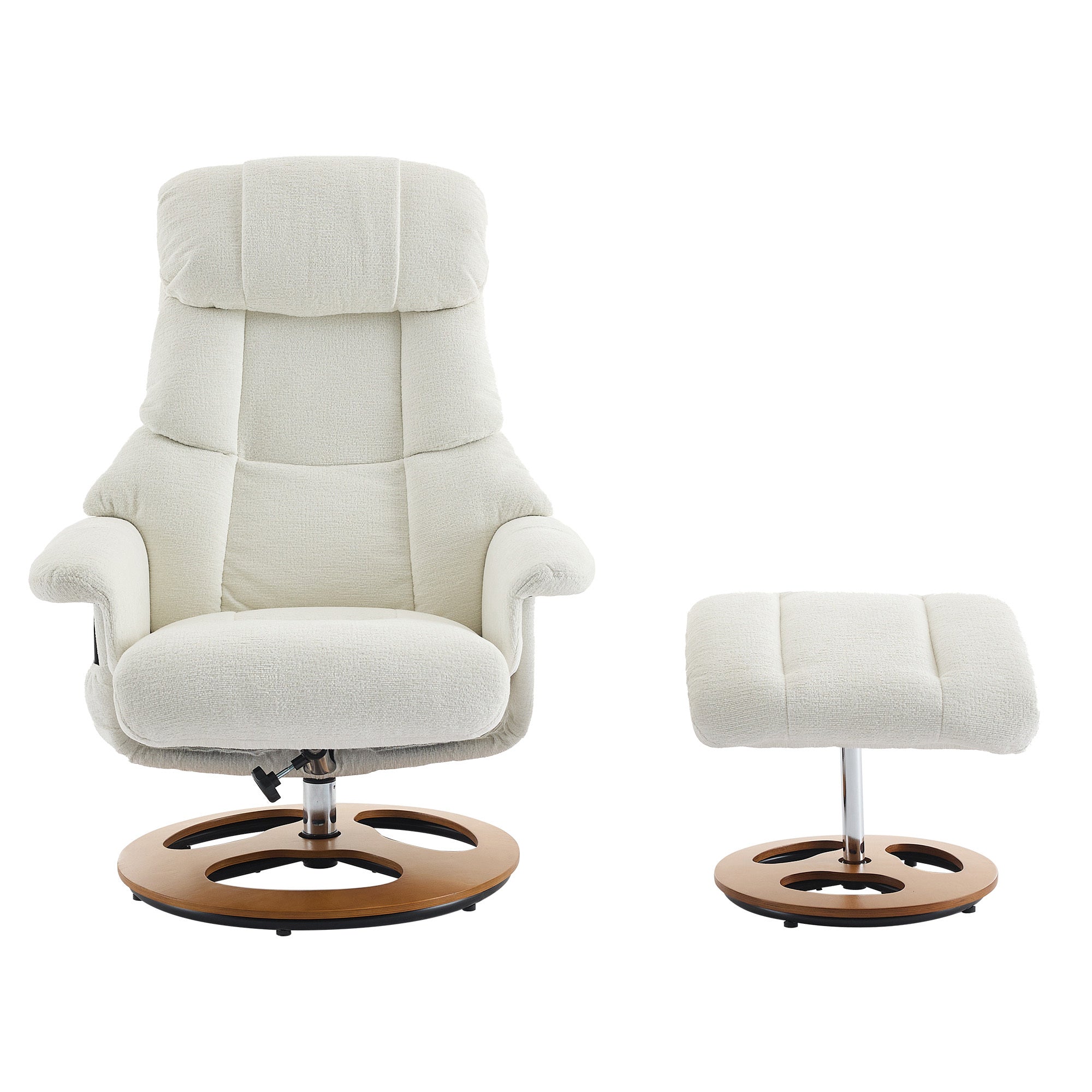 010-Ergonomic Recliner Chair with Ottoman, Modern 360° Swivel Lounge Chair with Footstool, Chenille Fabric, 5 Point Vibration Massage, Seat Heating & 140° Adjustable Backrest for Home or Office, White