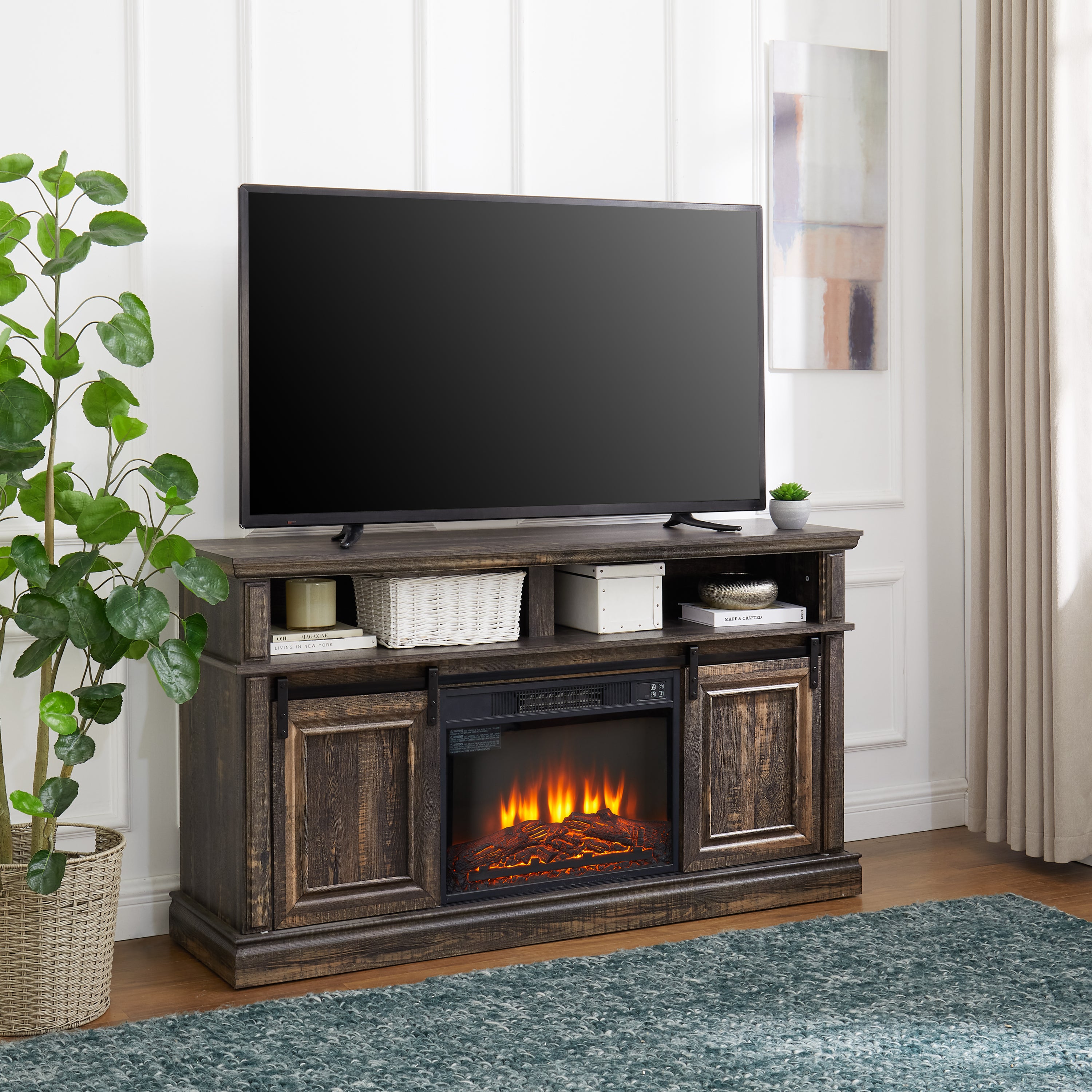 Modern Entertainment Console TV Stand with 23' Fireplace Insert, Multipurpose Sliding Door TV Cabinet Large Storage Space, 58.11'W*15.79'D*32.36'H Antique brown