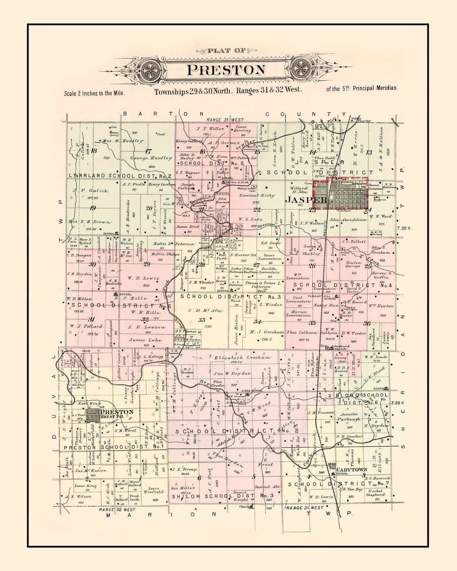 Vintage Map of Preston Township, Jasper County, Missouri 1895