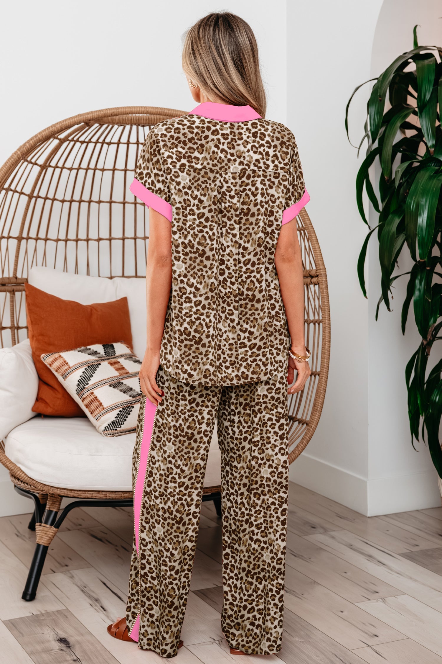 Leopard Contrast Trim Top and Pant Set