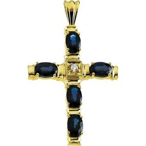 14K Yellow Gold Natural Blue Sapphire & .03 CTW Natural Diamond Cross Pendant