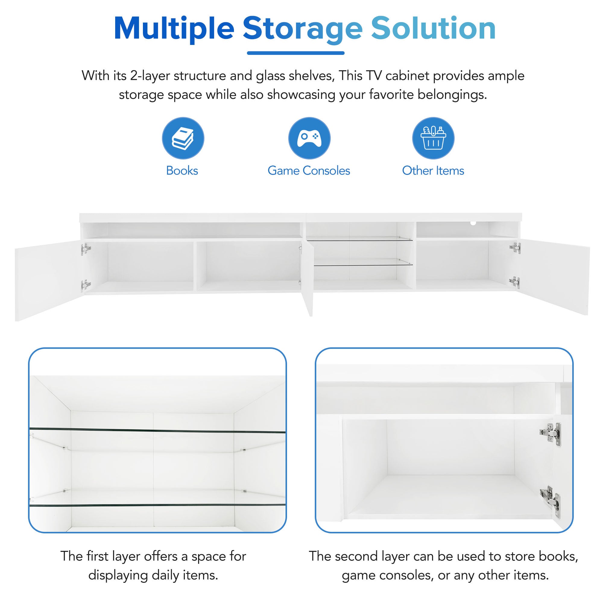 ON-TREND Unique Design TV Stand with 2 Glass Shelves, Ample Storage Space Media Console for TVs Up to 105', Versatile TV Cabinet with LED Color Changing Lights for Living Room, White