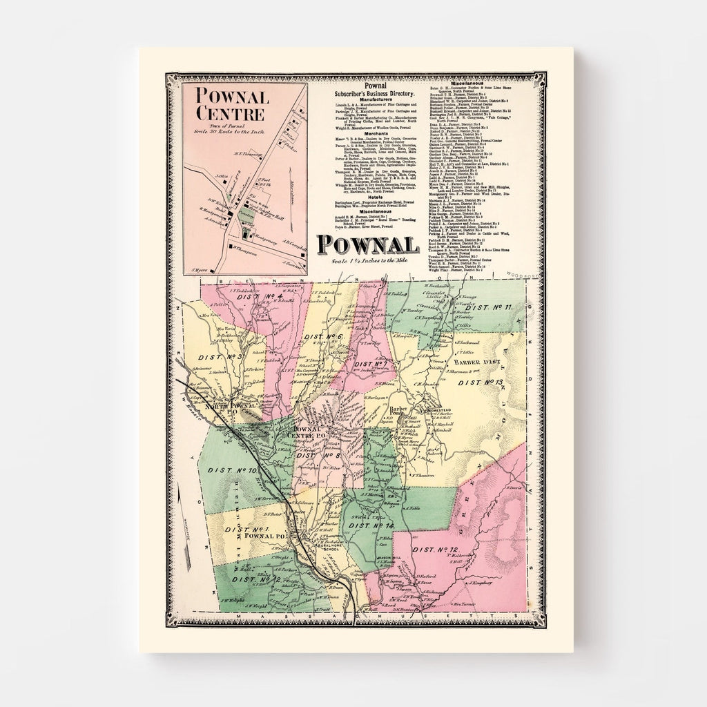 Vintage Map of Pownal Township, Bennington County, Vermont 1869
