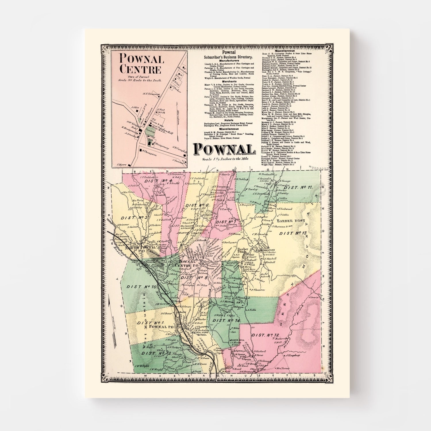 Vintage Map of Pownal Township, Bennington County, Vermont 1869