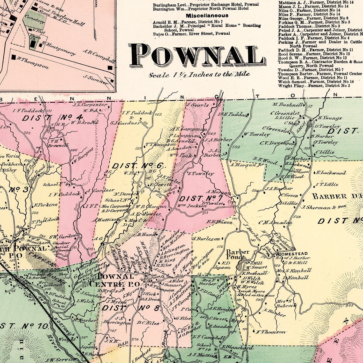 Vintage Map of Pownal Township, Bennington County, Vermont 1869