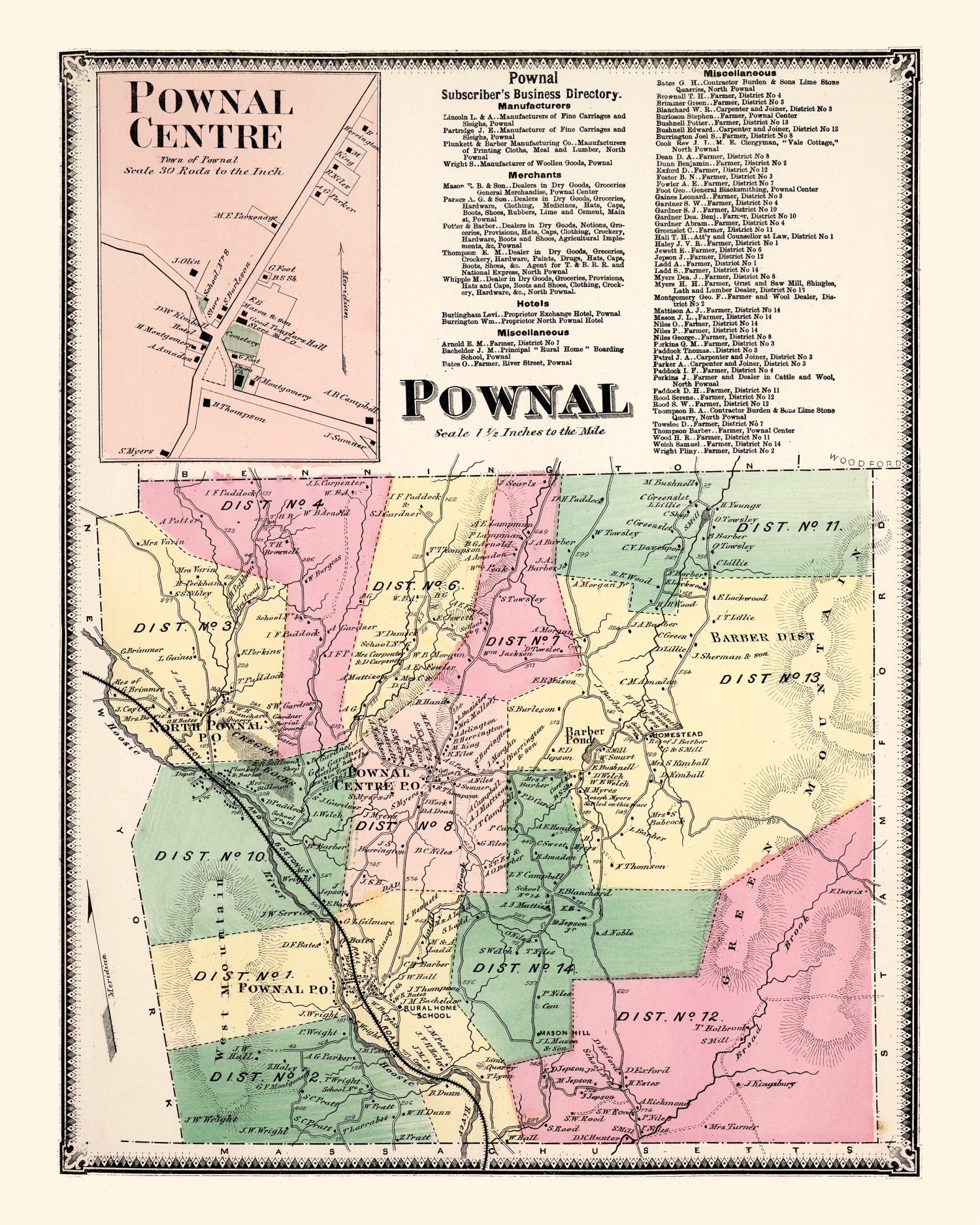 Vintage Map of Pownal Township, Bennington County, Vermont 1869