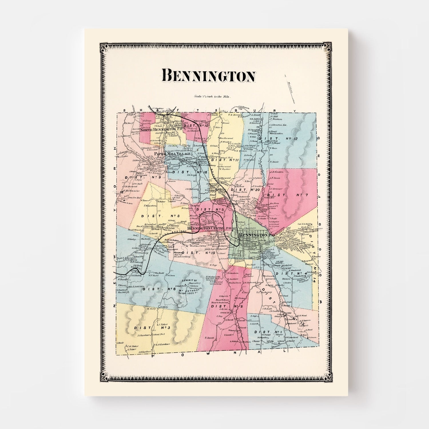 Vintage Map of Bennington Township, Bennington County, Vermont 1869