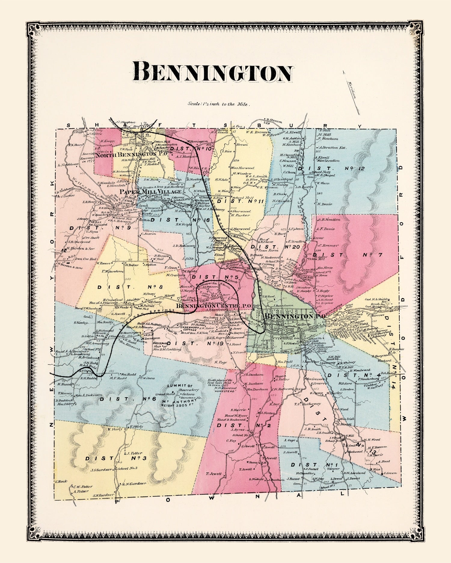 Vintage Map of Bennington Township, Bennington County, Vermont 1869