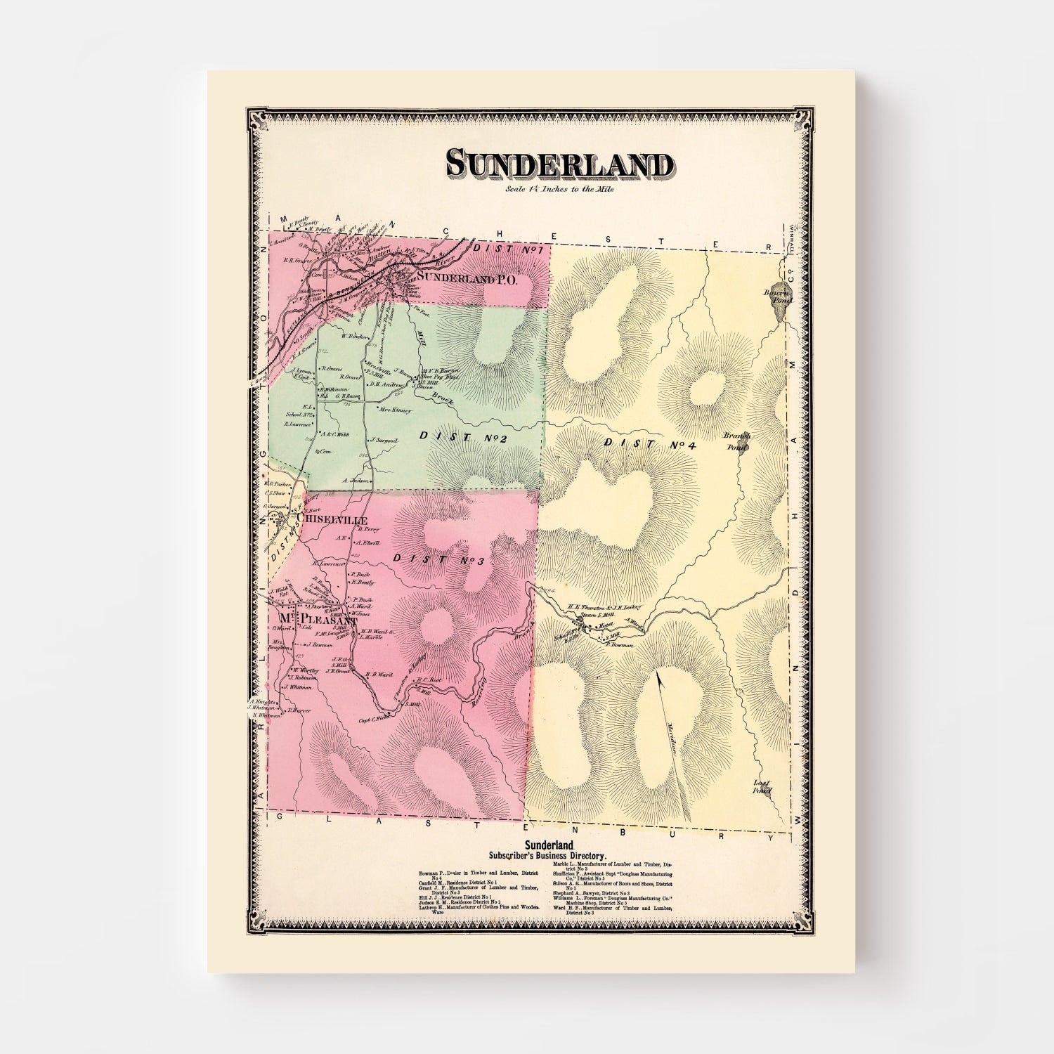Vintage Map of Sunderland Township, Bennington County, Vermont 1869