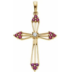 14K Yellow Gold Natural Ruby & .04 CTW Natural Diamond Cross Pendant