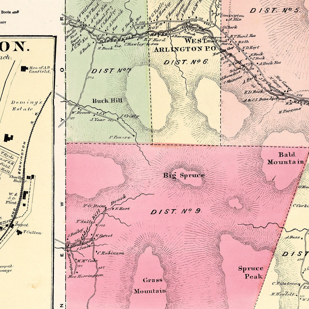 Vintage Map of Arlington Township, Bennington County, Vermont 1869