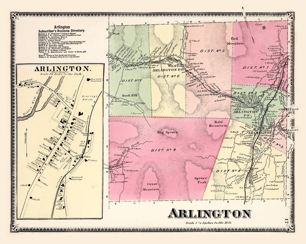 Vintage Map of Arlington Township, Bennington County, Vermont 1869