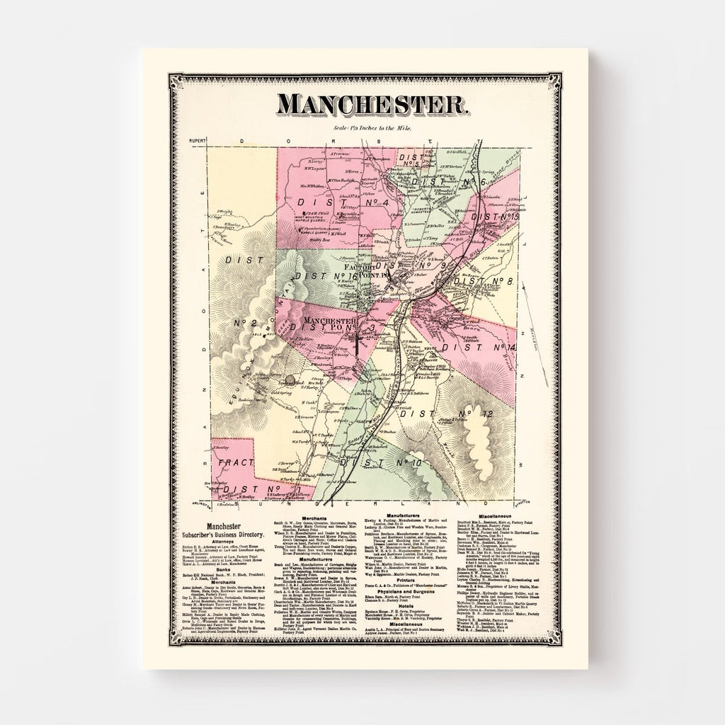 Vintage Map of Manchester Township, Bennington County, Vermont 1869
