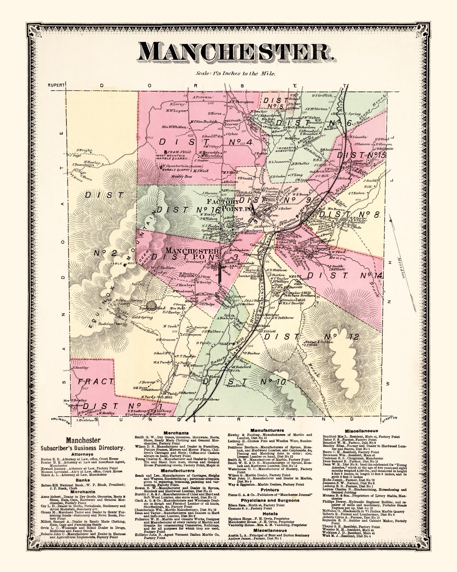 Vintage Map of Manchester Township, Bennington County, Vermont 1869