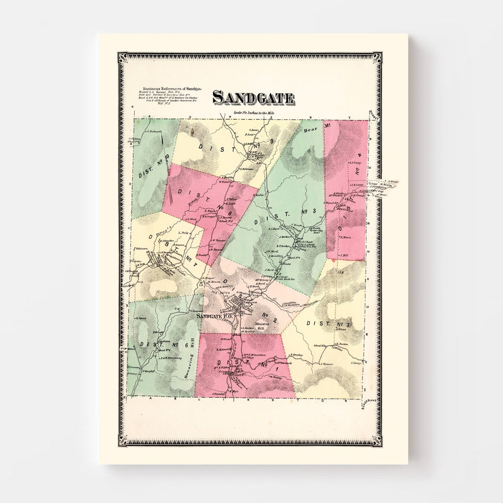 Vintage Map of Sandgate Township, Bennington County, Vermont 1869