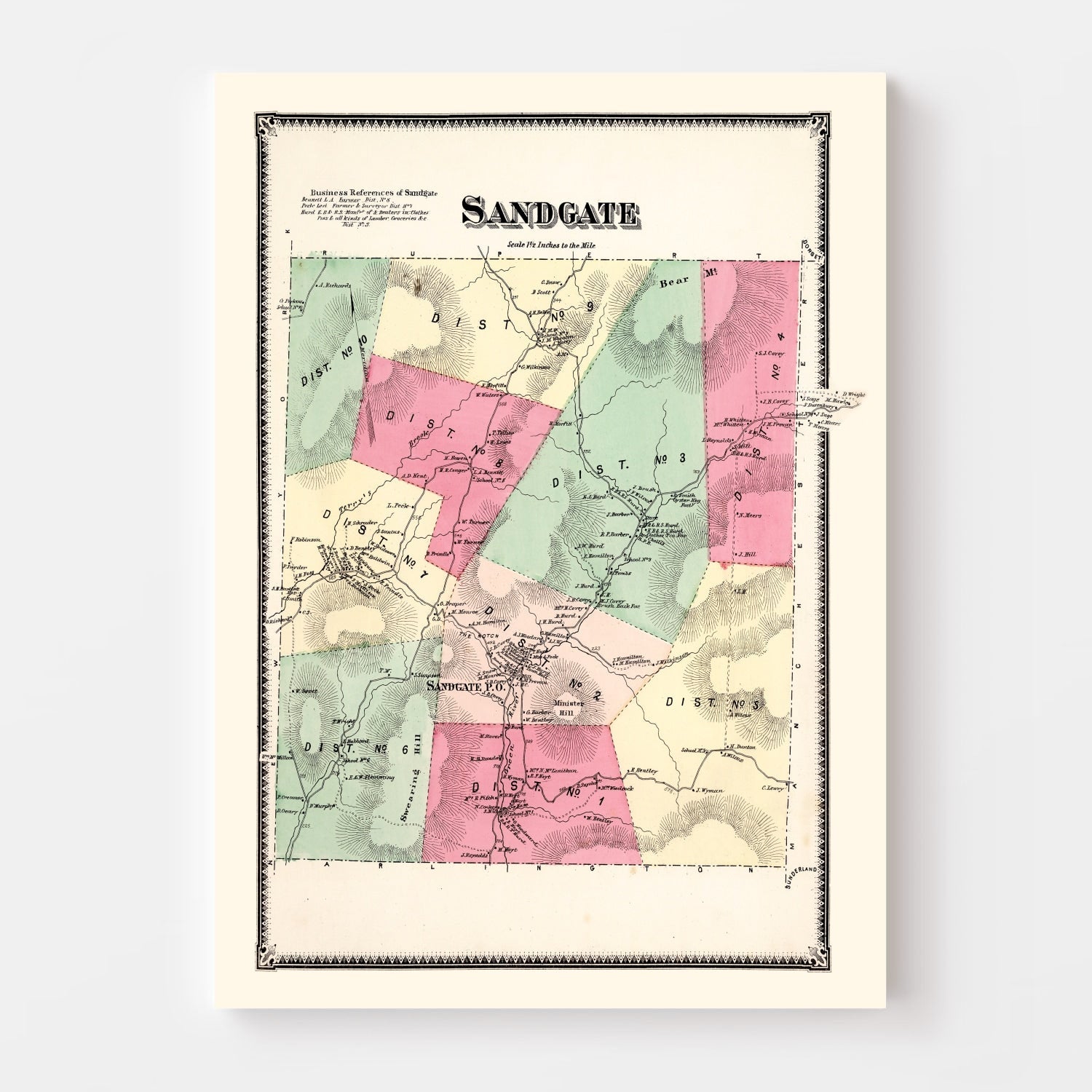 Vintage Map of Sandgate Township, Bennington County, Vermont 1869