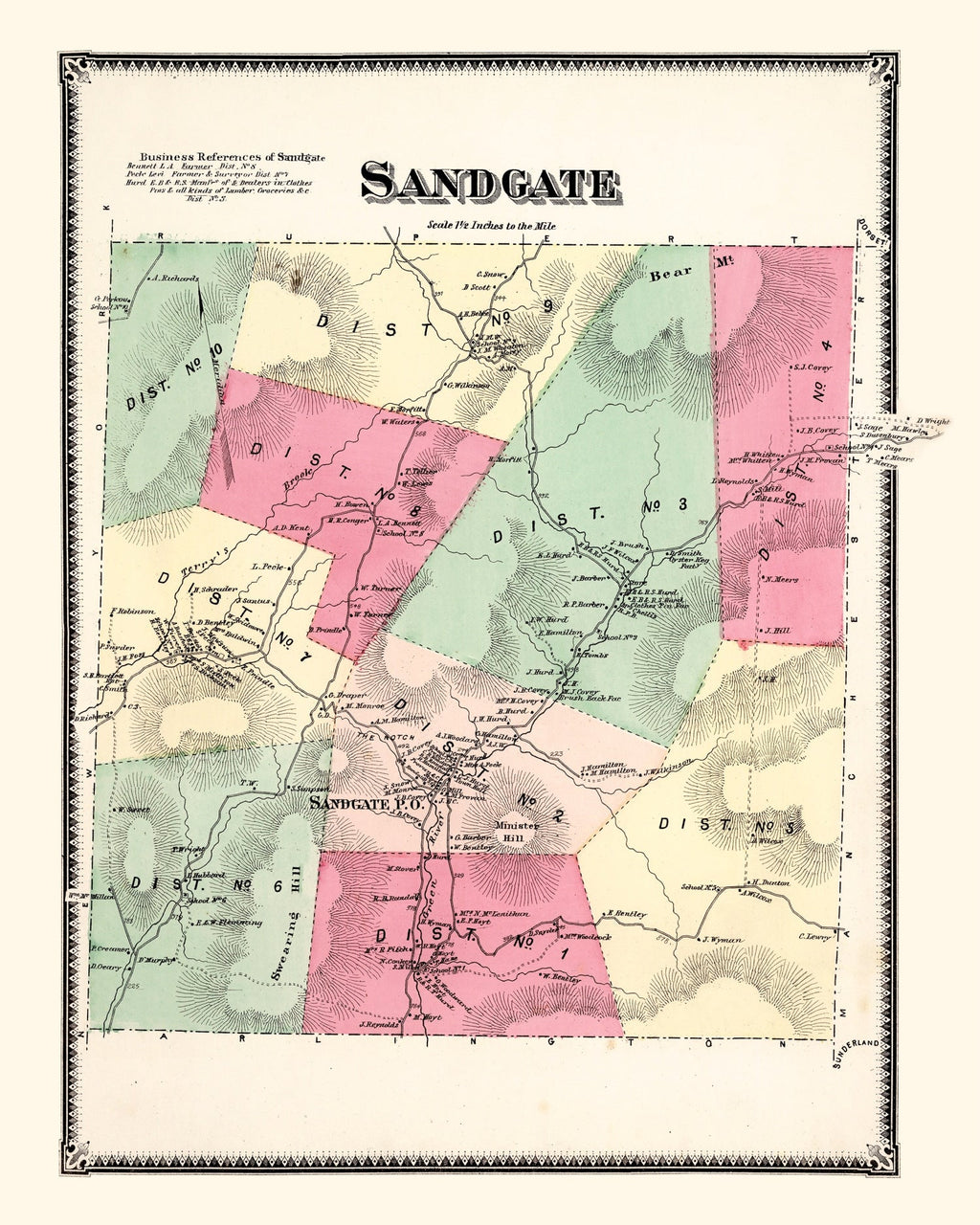 Vintage Map of Sandgate Township, Bennington County, Vermont 1869