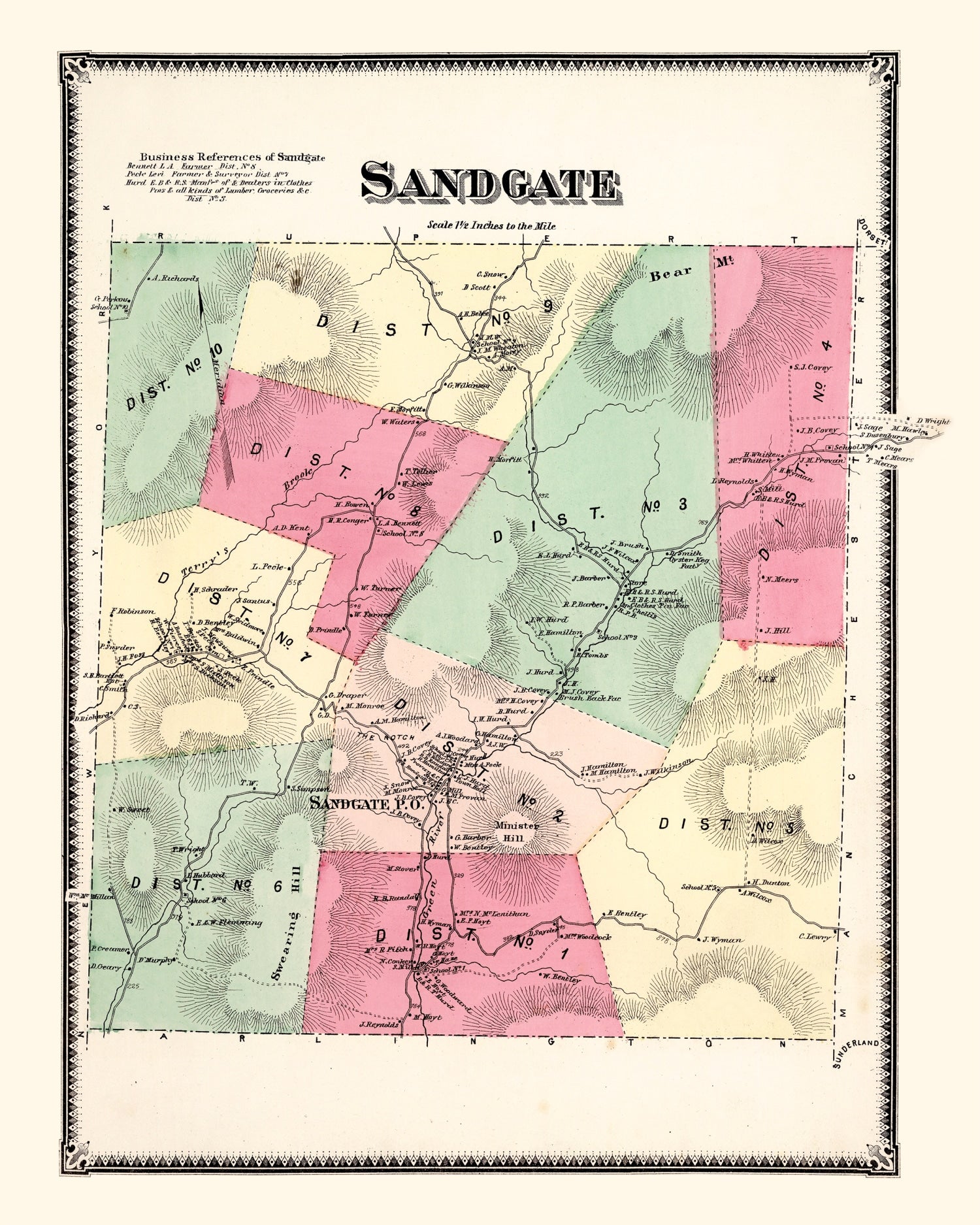 Vintage Map of Sandgate Township, Bennington County, Vermont 1869