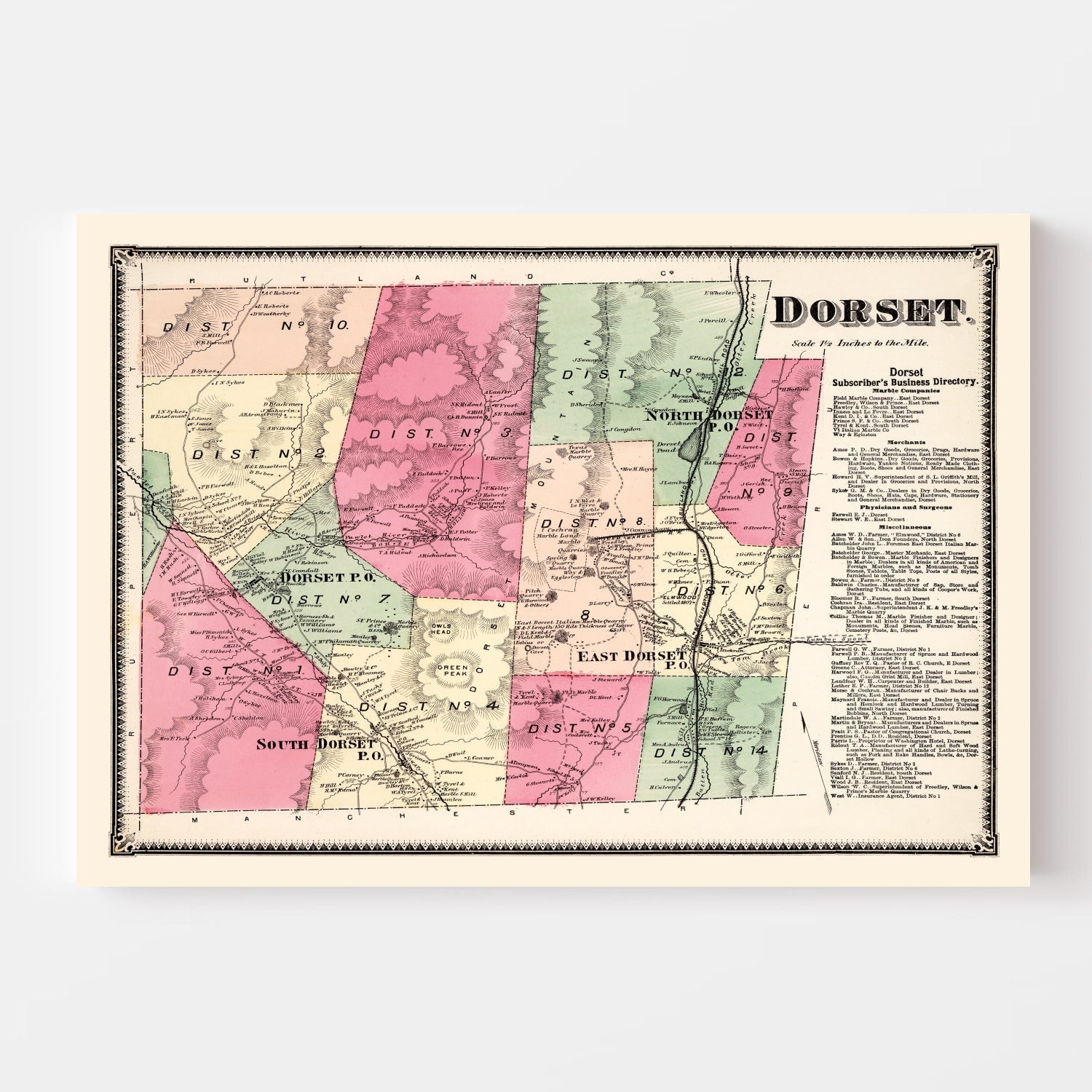 Vintage Map of Dorset Township, Bennington County, Vermont 1869