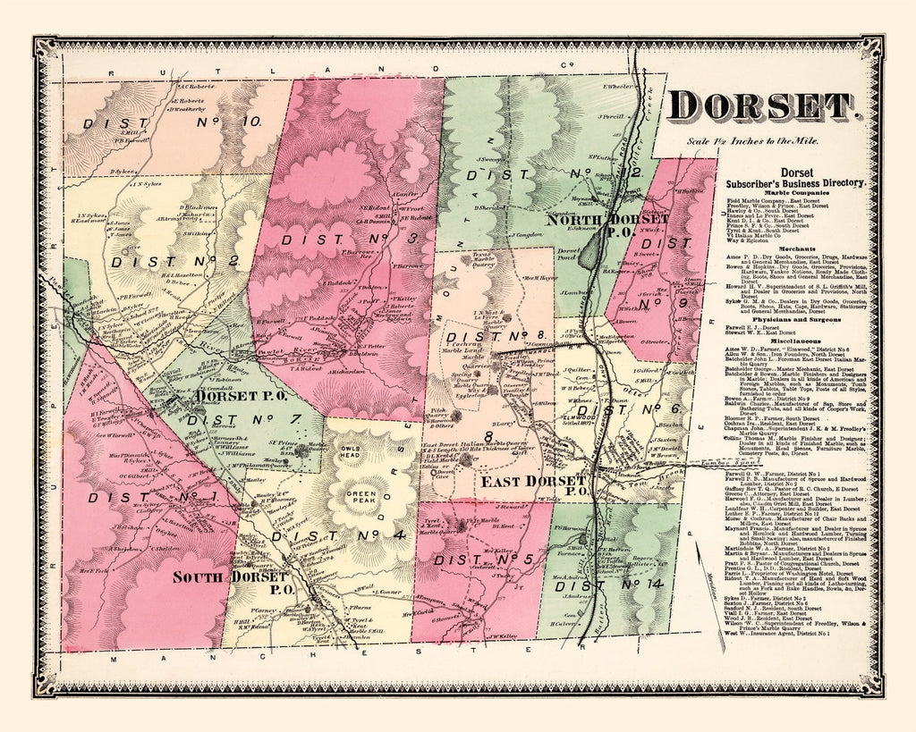 Vintage Map of Dorset Township, Bennington County, Vermont 1869