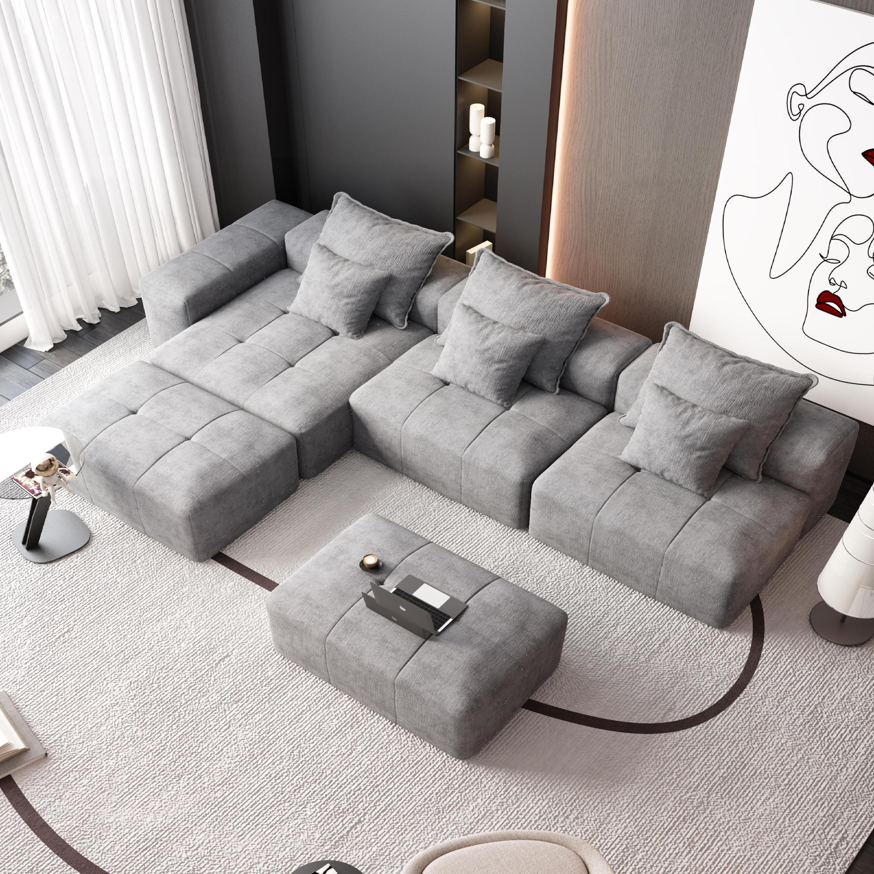 Modern Oversized Modular Sectional Sofa,Sparkling Chenille Fabric Soft Cushion Sofa with 6 Pillows,6 PCS DIY Combination Tufted Sofa,No Assembly Required,GREY