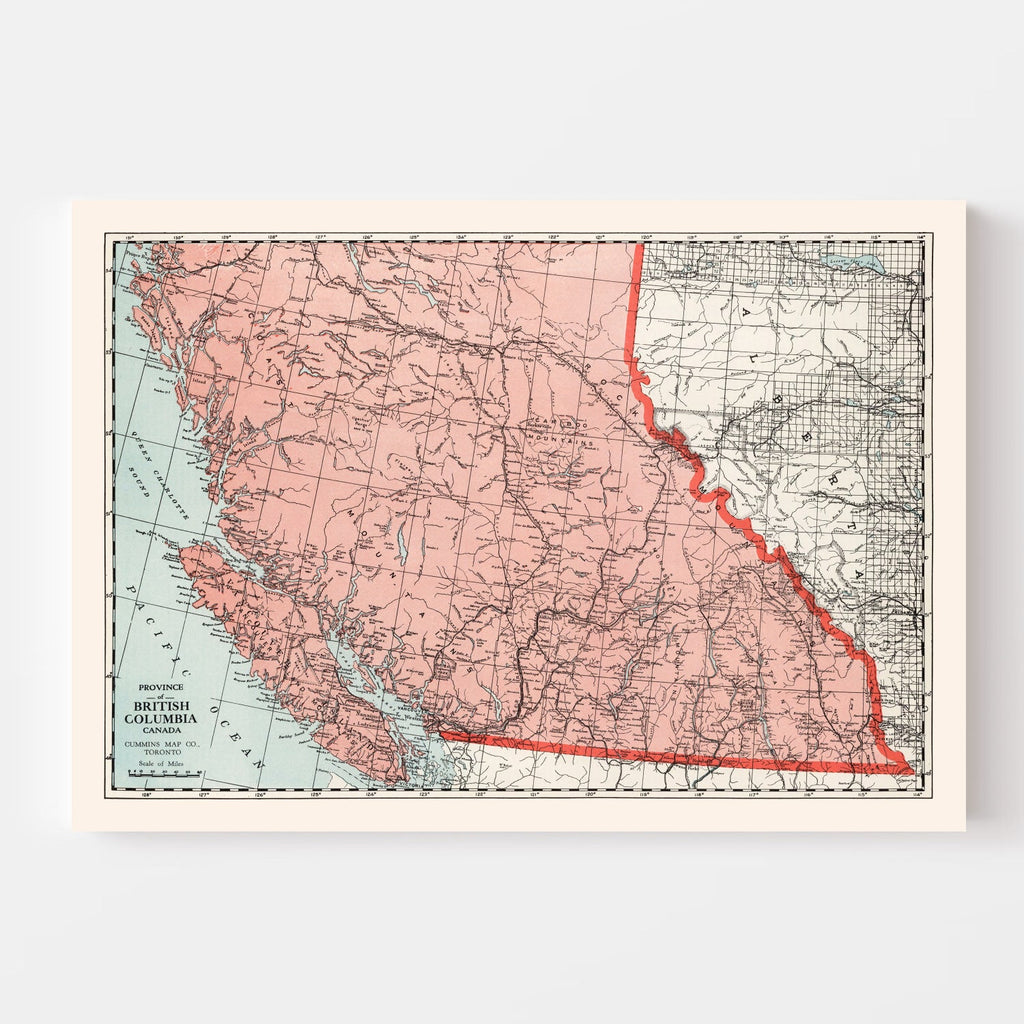 Vintage Map of British Columbia Canada, 1925