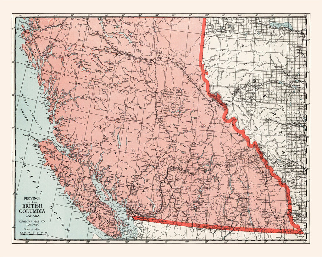 Vintage Map of British Columbia Canada, 1925