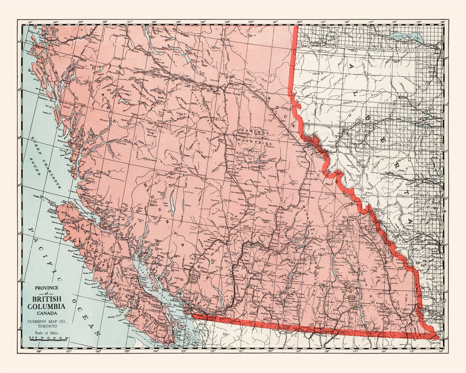 Vintage Map of British Columbia Canada, 1925