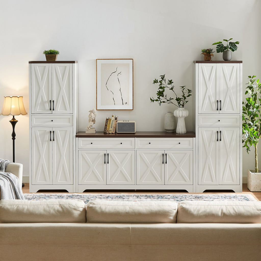 TV Cabinet Set Multifunctional TV Wall, One TV Cabinet and Two Sideboards for Living Room, 108.7''L x 15''W x 68''H.